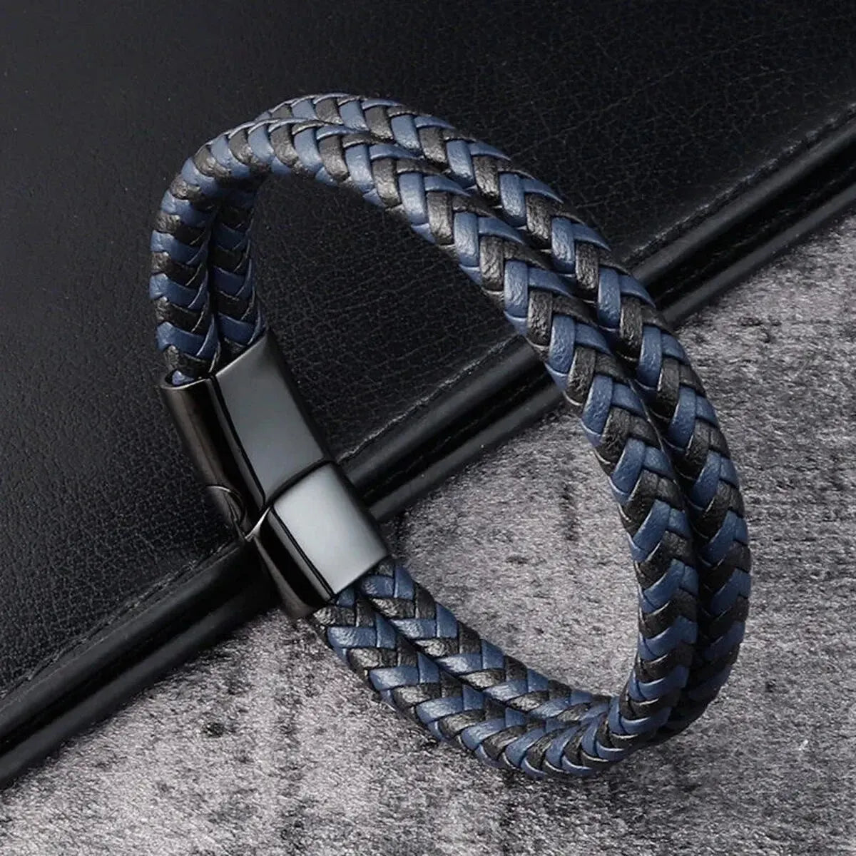 Men's Double Band Black and Blue Braided Leather Bangle Bracelet