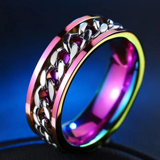 Edgy Stainless Steel Fidget Spinner Ring with Chain Pattern for Alternative Style Enthusiasts