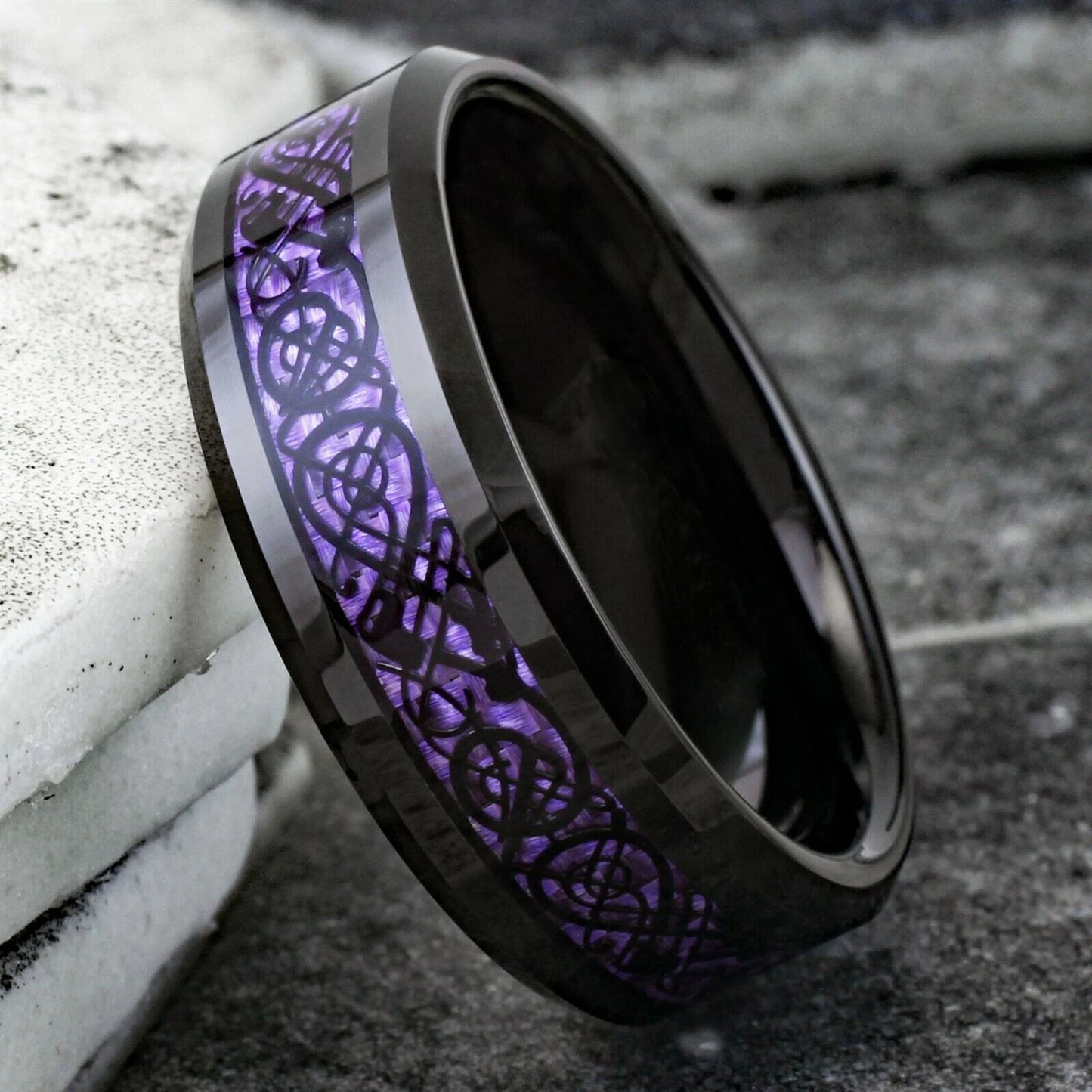 Men's 8MM Dragon-Themed Purple and Black Carbon Fiber Wedding Band - Stylish Stainless Steel Jewelry 2023