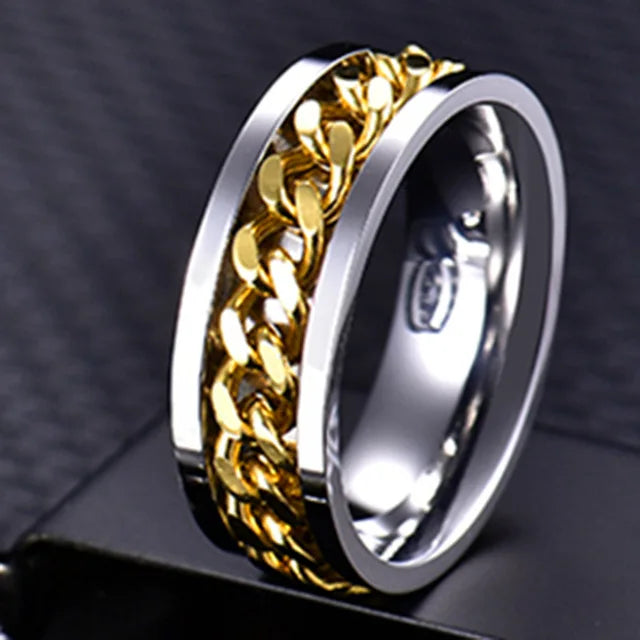 Edgy Stainless Steel Fidget Spinner Ring with Chain Pattern for Alternative Style Enthusiasts