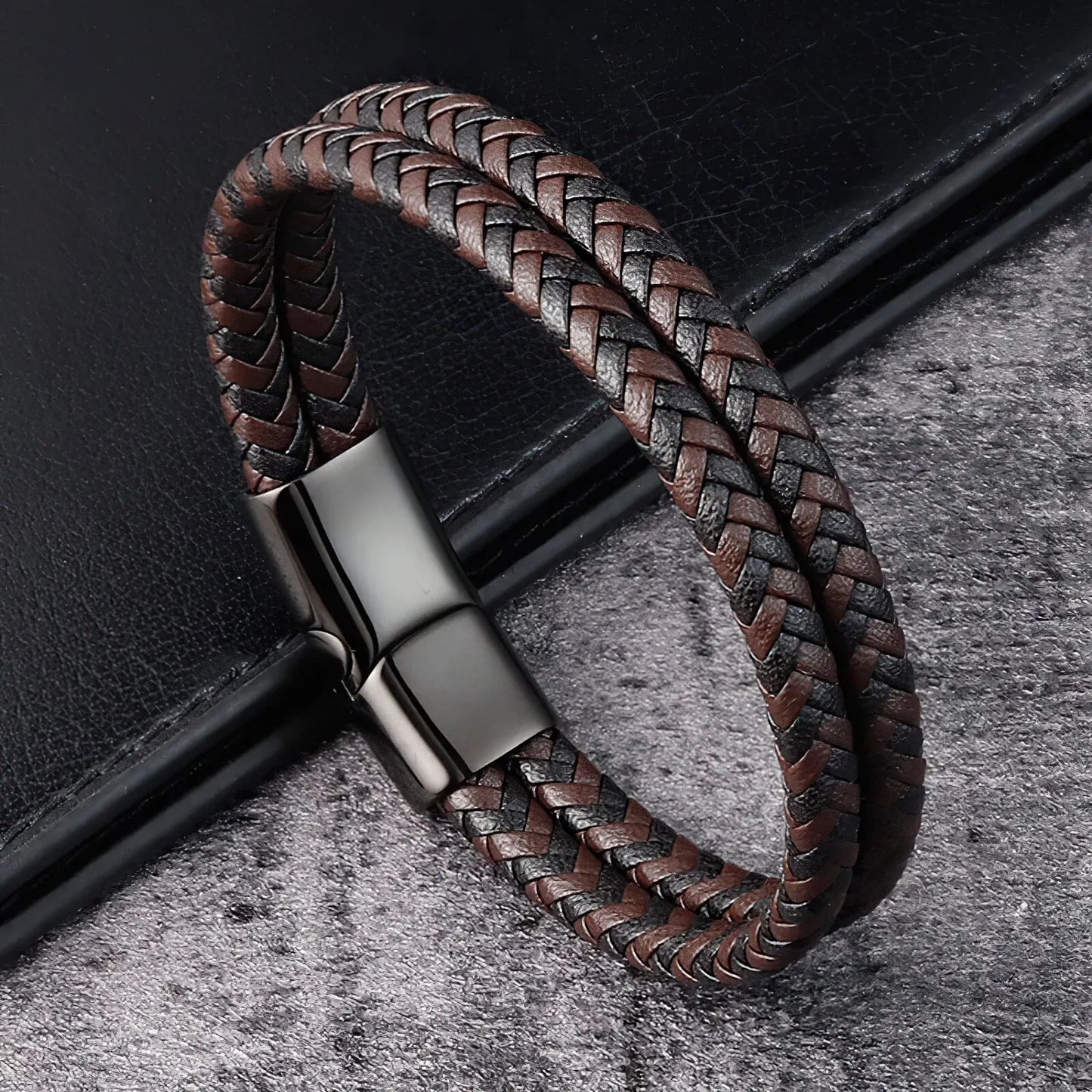 Men's Double Band Black and Blue Braided Leather Bangle Bracelet