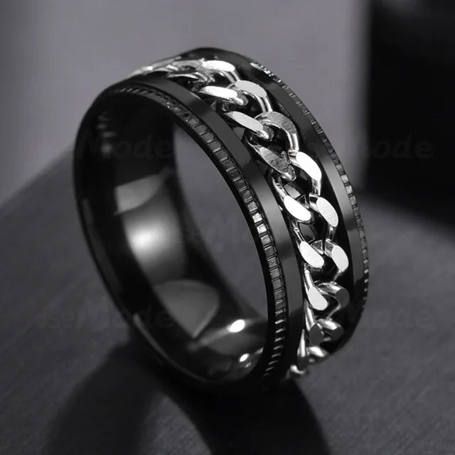 Edgy Stainless Steel Fidget Spinner Ring with Chain Pattern for Alternative Style Enthusiasts