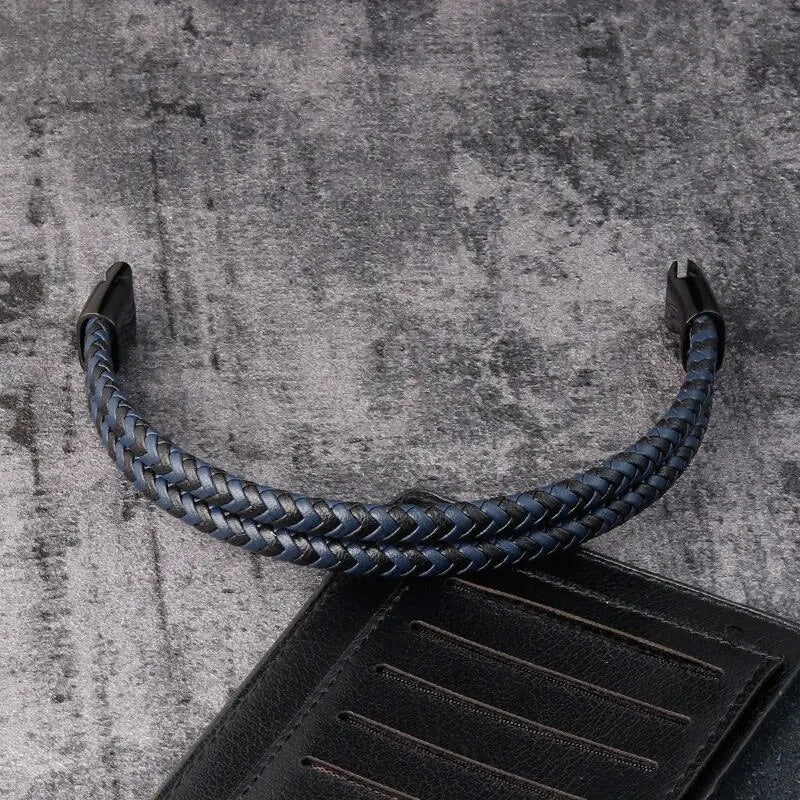 Men's Double Band Black and Blue Braided Leather Bangle Bracelet