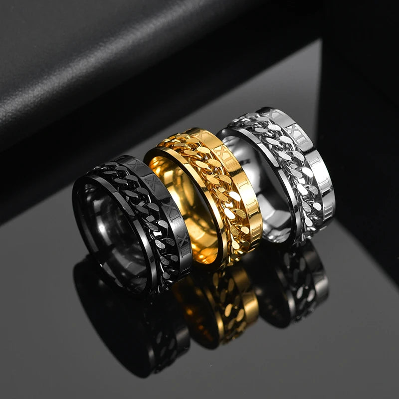 Edgy Stainless Steel Fidget Spinner Ring with Chain Pattern for Alternative Style Enthusiasts