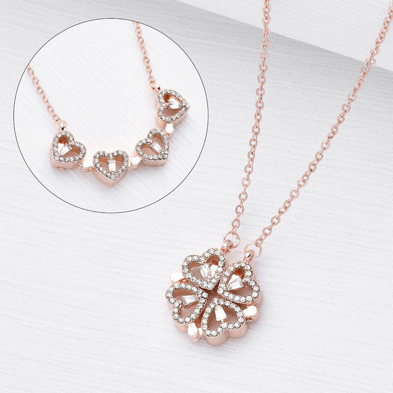 Vintage Heart-Shaped Four Leaf Clover Magnetic Necklace for Women - Versatile Clavicle Chain Gift Jewelry