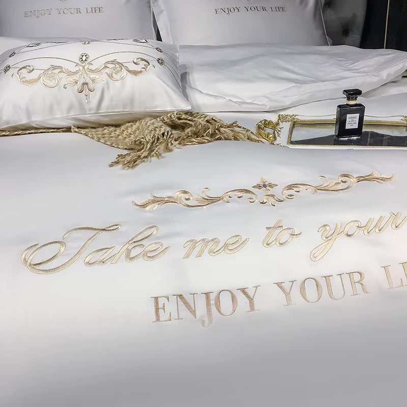 New Luxury White 600TC Egyptian Cotton Royal Embroidery Palace Bedding Set Duvet Cover Bed Sheet Bed Linen Pillowcases 4Pcs #/L