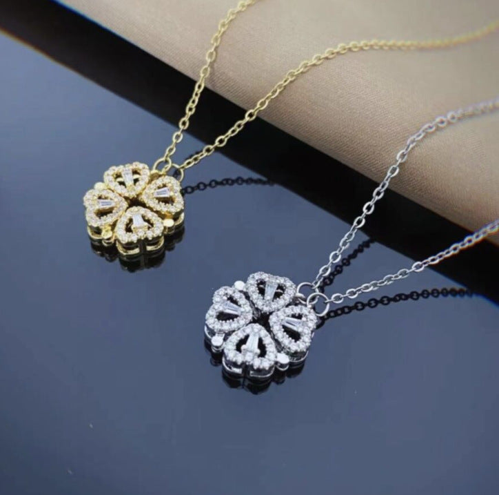 Vintage Heart-Shaped Four Leaf Clover Magnetic Necklace for Women - Versatile Clavicle Chain Gift Jewelry