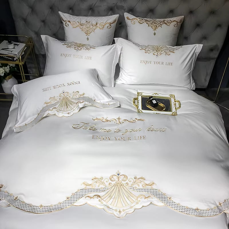 New Luxury White 600TC Egyptian Cotton Royal Embroidery Palace Bedding Set Duvet Cover Bed Sheet Bed Linen Pillowcases 4Pcs #/L