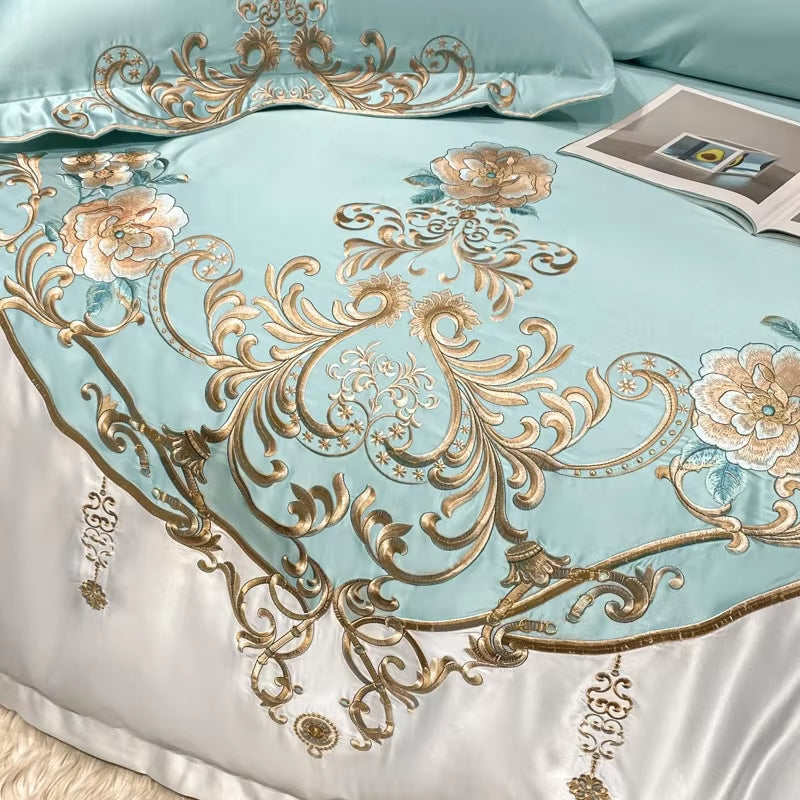 Super King 4Pcs Satin Cotton Rich Silky Duvet Cover Set Embroidery Patchwork Bedding Set Soft Cotton Bed Sheet Pillowcases